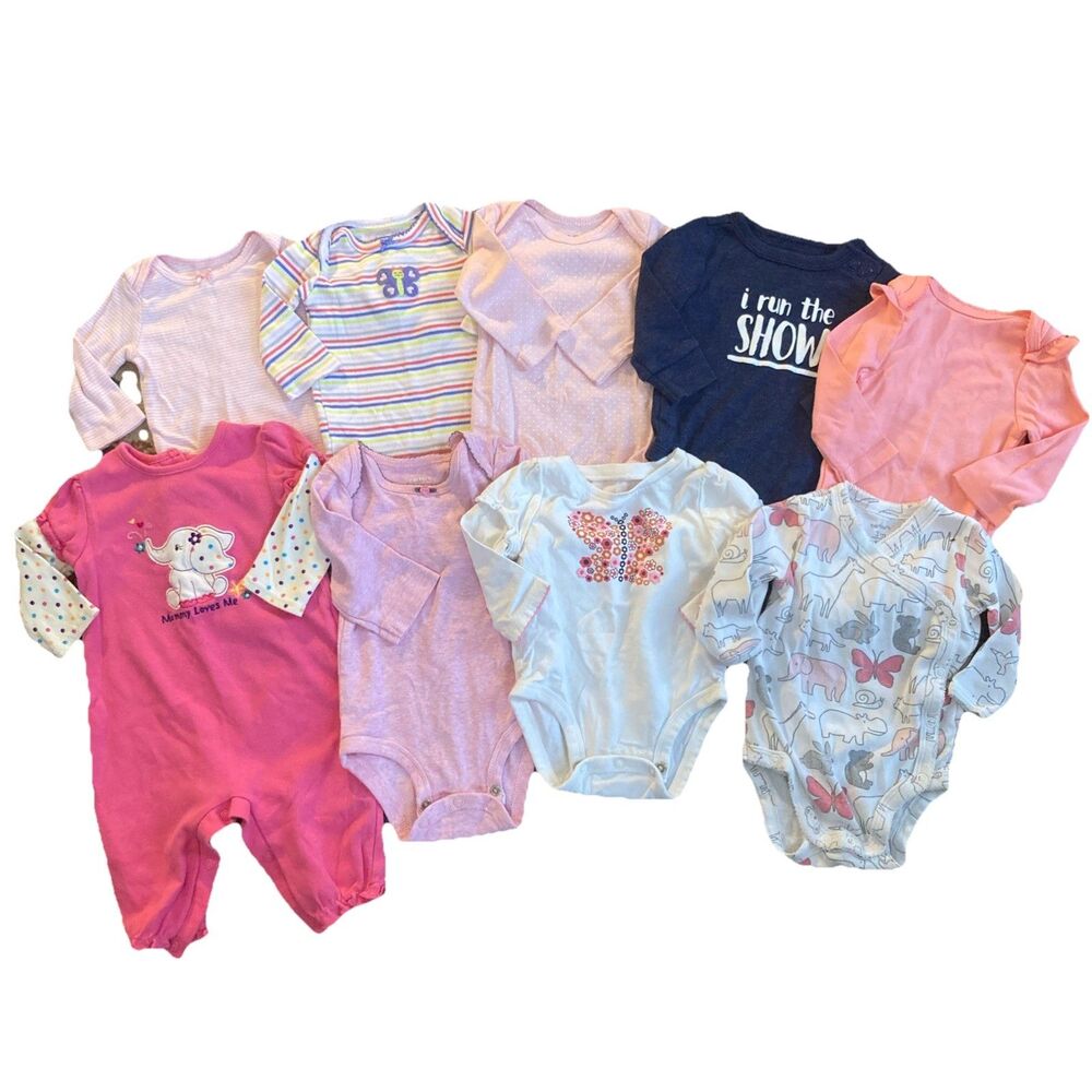 0-3M Girls-9 PCS Long Sleeve Bodysuits (Lot Bundle)
